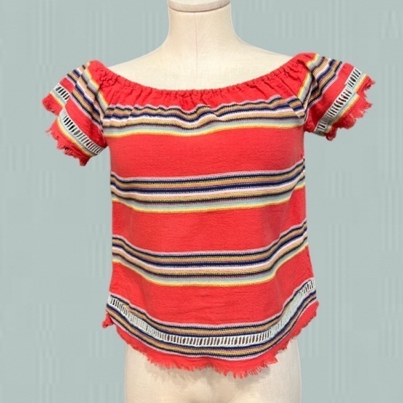 dRA  cotton striped ethnic style short sleeve top with ladder lace elements - Picture 1 of 10